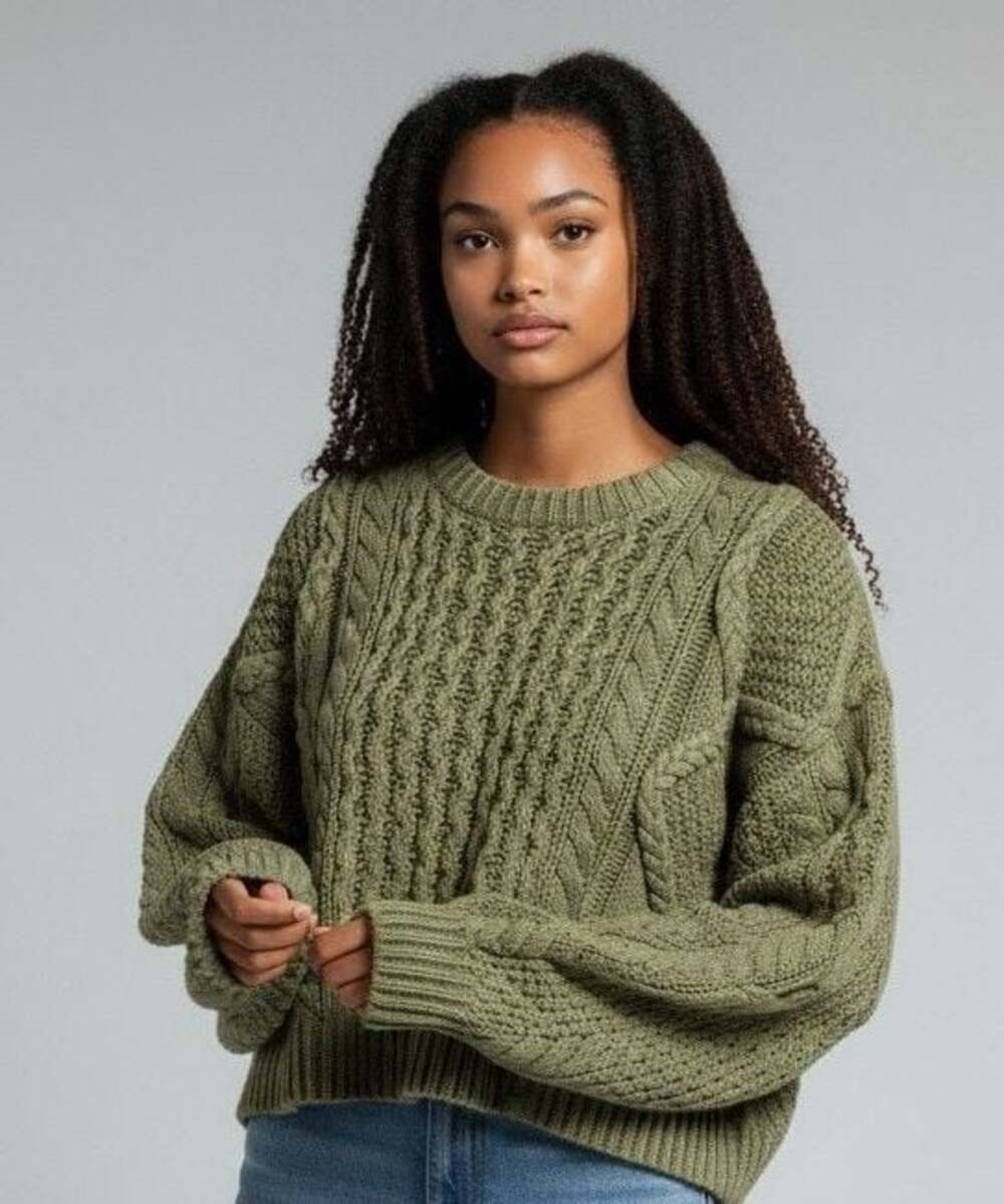 Altar'd State Olive Green Cable Knit Balloon Sleeve Sweater Size XS